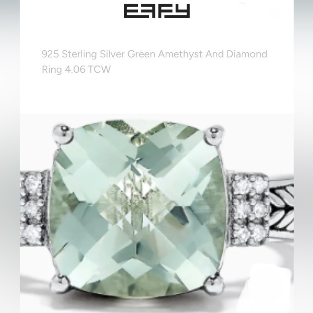 Elegant Green Amethyst Ring with Diamonds, Sterling Silver. Sz 8.25, EFFY brand